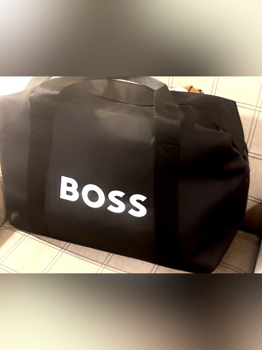Ace!Hugo Boss Black Duffel Bag with White Logo and Royal Blue brown white strap
